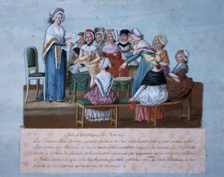 Reunión del club de mujeres patrióticas, por Jean-Baptiste Lesueur, impresión coloreada, Francia, Revolución Francesa