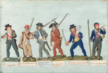 Sans Culotte encendiendo su pipa, joven carnicero, burgués yendo a la guardia, cazador, ciudadano defendiendo su libertad, Sans Culotte manteniendo la guardia