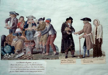 Escenas bajo la Revolución Francesa: "escasez de pan, vendedor de dinero y rentistas vendiendo sus efectos". Gouache de los hermanos Lesueur, circa 1789. Museo Carnavalet, París