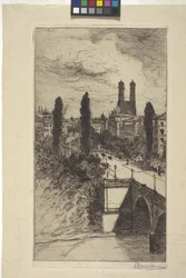 Calle Maximiliam y Frauenkirche, Múnich, Baviera (grabado)