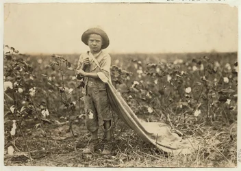Warren Frakes de 6 años con unos 20 kilos de algodón en su bolsa en el Condado de Comanche, Oklahoma, 1916
