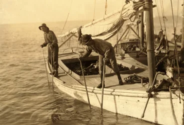 Fred, un joven pescador de ostras, trabajando en un barco ostrero en la bahía de Mobile, el Arrecife, cerca de Bayou La Batre.