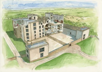 Reconstrucción de Hardwick Old Hall en 1620 (acuarela sobre papel)