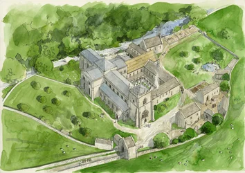 Reconstrucción de la abadía de Shap en los años 1530 (acuarela sobre papel)