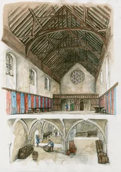 Reconstrucción del palacio de Winchester de la época medieval (acuarela sobre papel)