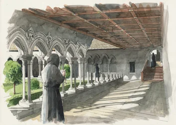 Reconstrucción del claustro del priorato de Lanercost (acuarela sobre papel)