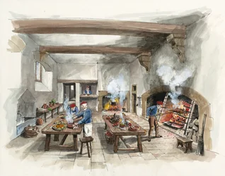 Reconstrucción de la cocina de Hardwick Old Hall en 1601 (acuarela sobre papel)