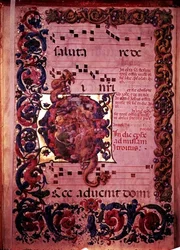 Página de música con una inicial historiada G que representa la Adoración de los Magos, de un antifonario, c.1473-79