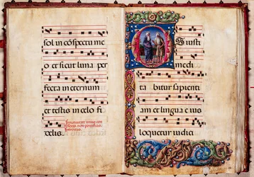 Biblioteca Piccolomini: libro de coro, cod. 17.2, ff. 30v-31r con "Dos santos ermitaños", de Liberale da Verona (hacia 1445 - 1527/9).