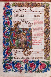 Biblioteca Piccolomini: libro de coro, cod. 19.4, ff. 9v con la "Adoración de los Reyes Magos", de Liberale da Verona (hacia 1445 - 1527/9).