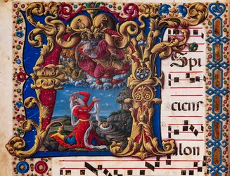 Biblioteca Piccolomini: libro de coro, cod. 1.A, ff.4v con la "Visión de Isaías", de Liberale da Verona (hacia 1445 - 1527/9). Detalle.