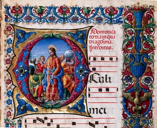 Biblioteca Piccolomini: libro de coro, cod. 21.6, ff. 2r con "Expulsión de un espíritu impuro", por Liberale da Verona (hacia 1445 - 1527/9). Detalle.