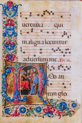 Biblioteca Piccolomini: libro de coro, cod. 22.7, ff. 22v con "Cristo ante Pilatos", de Liberale da Verona (hacia 1445 - 1527/9).