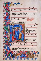 Biblioteca Piccolomini: libro de coro, cod. 24.9, ff. 67v con la "Curación del leproso", de Liberale da Verona (hacia 1445 - 1527/9).