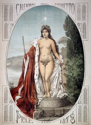 Alegoría de Italia sobre un pedestal hecho de impuestos y tasas, calendario del silbato, año 1878, Italia