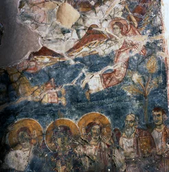 Ángel y santos, fresco en el monasterio de Agios Georgios, Diavaide, Creta, Grecia