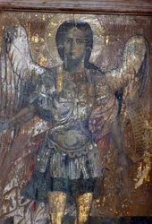 Ángel, fresco en la iglesia bizantina de Sotiras Christos, Vlithias, Creta, Grecia