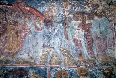 Ángel, fresco en iglesia bizantina de Sotiras Christos, Vlithias, Creta, Grecia