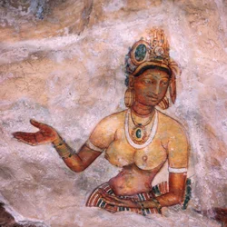 Apsaras, ninfa celestial haciendo una ofrenda, fresco, ciudadela fortificada de Sigiriya (Lista del Patrimonio Mundial de la UNESCO)