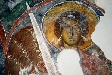 Arcángel Miguel, fresco en una iglesia bizantina en las ruinas del castillo de Geraki