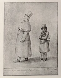 Austria, Viena, Caricatura del barítono austriaco Johann Michael Vogl y el compositor Franz Peter Schubert, circa 1825, dibujo a lápiz