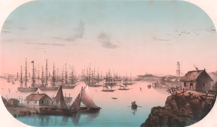 Flota báltica en Baro Sund, Finlandia, litografía en color, de Episodios de la guerra de Oriente, Imprimerie et Jacomme Lemercier Publisher, París