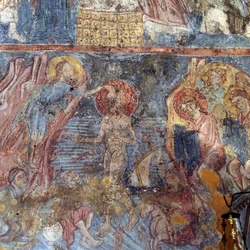 Bautismo de Jesús, fresco en iglesia en Alikampos, Creta, Grecia