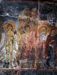 Cristo, Madonna y Santos, fresco en monasterio de Agios Georgios, Diavaide, Creta, Grecia