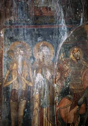 Cristo y santos, fresco en la iglesia de Agios Ioannis, Kantanos, Creta, Grecia