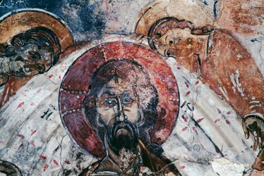 Cristo, fresco en la iglesia bizantina de San Jorge, Komitades, Creta, Grecia