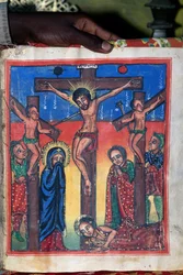 Crucifixión, manuscrito en el museo de la Iglesia de Santa María de Sion (siglo XVII), Aksum (Lista del Patrimonio Mundial de la Unesco)