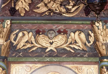 Decoración, (detalle) del iconostasio en la iglesia bizantina de San Jorge, Anidri, Creta, Grecia