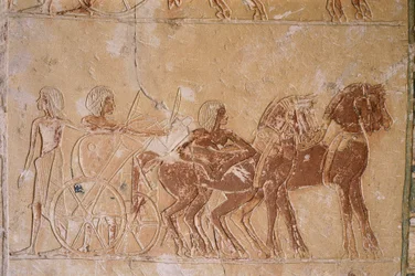 Egipto, El Cairo, Antigua Menfis, Necrópolis de Saqqara, relieve pintado en la Tumba de Horemheb