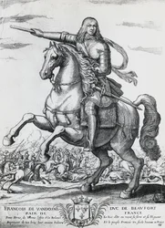 Retrato ecuestre de Francisco de Borbón-Vendôme (1616-1669), segundo Duque de Beaufort y general francés, grabado por Nicolas de La Fage