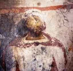 Comprador de frescos, fresco en la iglesia bizantina de Agios Georgios