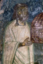 Comprador de frescos de la iglesia de Agia Anna, sosteniendo modelo de iglesia, fresco de 1642, Anisaraki, Creta, Grecia
