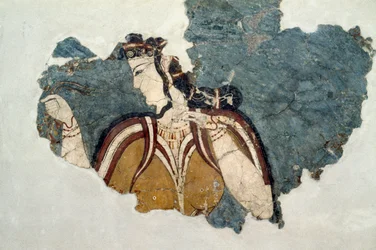 Fragmento de fresco que representa figura femenina, de Micenas, Grecia, civilización micénica
