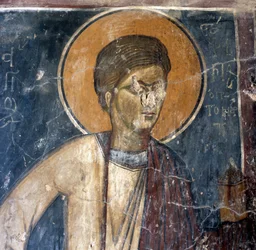 Fresco de santo en la iglesia bizantina de Agios Georgios Xifoforos, Apodoulou, Creta, Grecia
