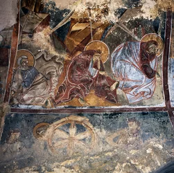 Fresco de santos en la iglesia bizantina de Agios Georgios Xifoforos, Apodoulou, Creta, Grecia