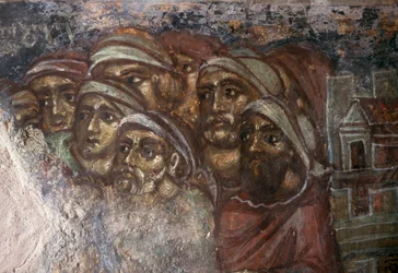 Fresco con grupo de hombres, iglesia bizantina de Ayios Stephanos, Drakona, Creta, Grecia