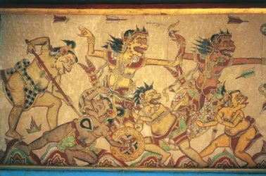Frescos que representan escenas de batallas entre dioses y demonios, pabellón Kertha Gosa, Palacio Klungkung (Puri Agung Semarapura), Semarapura, Bali, Indonesia