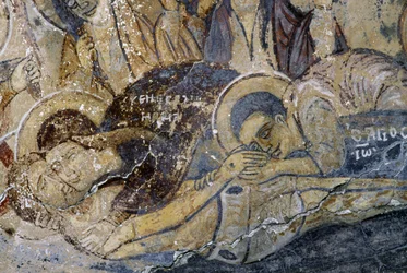 Frescos con Cristo muerto en iglesia de Metamorfosis tou Sotiros, Kefali, Creta, Grecia