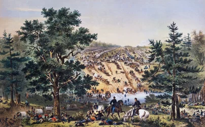 Retirada de George Brinton McClellan, vado de Bear Creek, Ejército del Potomac, julio de 1862, dibujo de John Badger Bachelder, grabado por Bufford, Guerra Civil Americana, EE.UU.
