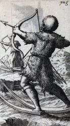 Cazador con arco y flechas en esquís cortos, ilustración de De Calceo Antiquo, por B Balduinus
