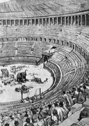 Inauguración del anfiteatro Flavio, conocido como el Coliseo, en Roma en el año 80 d. C., con el público observando combates de animales, ilustración de Historia de Roma de Francesco Bertolini (1836-1909), Treves, Milán