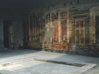 Italia, Campania, Oplonti, área arqueológica de Torre Annunziata, Villa Romana de Poppea, Frescos con motivos arquitectónicos en Segundo Estilo Pompeyano