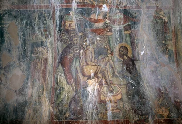 Jesús y el lavado de pies, fresco en la iglesia bizantina de Agios Athanasios, Kefali, Creta, Grecia