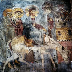 Jesús entrando en Jerusalén en burro, frescos dentro del monasterio de Panagia Antifonitria, Myriokefala, Creta, Grecia