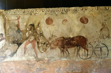 Viaje al inframundo, fresco de la Necrópolis en Andriuolo-Laghetto en Paestum, Campania, Italia, civilización griega antigua, Magna Grecia, siglo IV a.C.