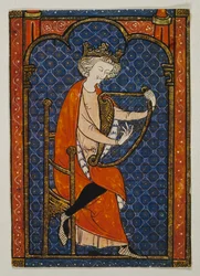 El rey David tocando el arpa, miniatura de manuscrito en hebreo